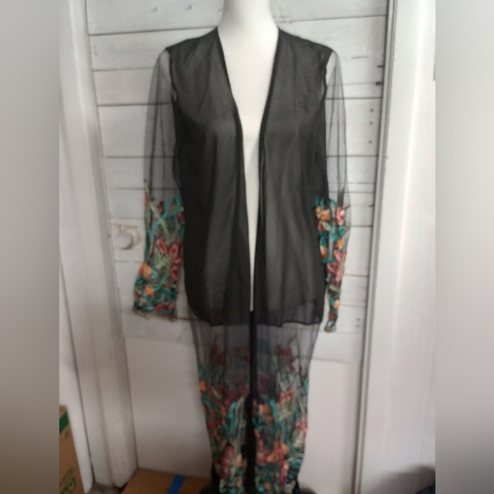 Kimono Open Front Cardigan 2XL Black Sheer Mesh Long Sleeve Floral Coverup